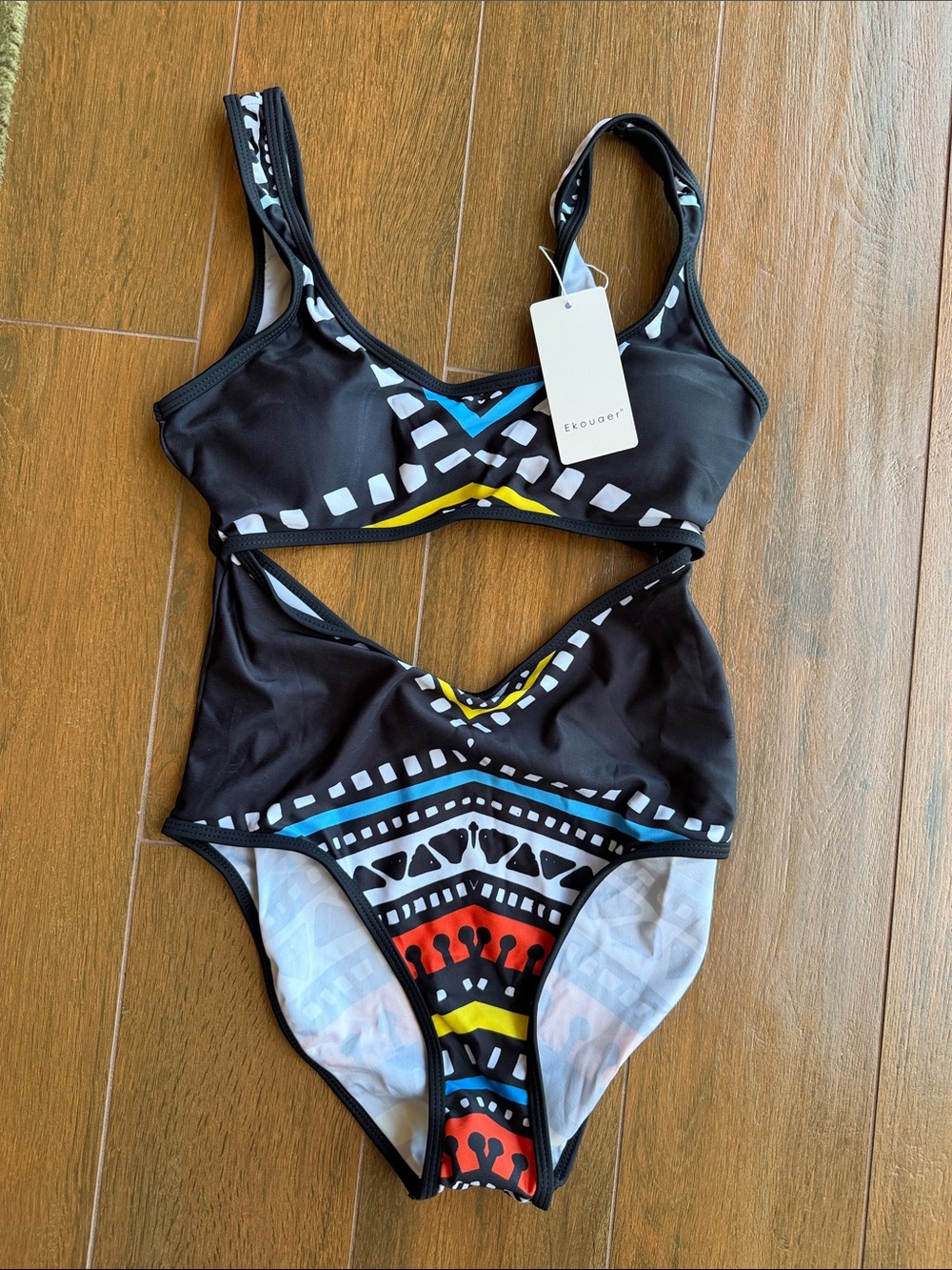 NWT Ekouaer One-Piece Swimsuit with Blue Yellow Red Geometric Print